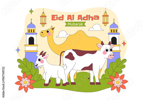Eid Al Adha Vector Illustration Featuring Muslim Children, Mosque Background, Sheep Sacrifice Symbol, and Islamic Holiday Celebration Design