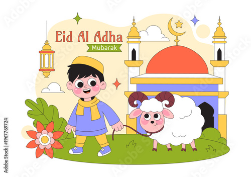 Eid Al Adha Vector Illustration Featuring Muslim Children, Mosque Background, Sheep Sacrifice Symbol, and Islamic Holiday Celebration Design