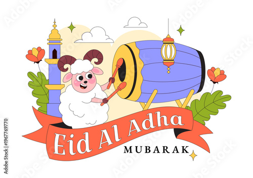 Eid Al Adha Vector Illustration Featuring Muslim Children, Mosque Background, Sheep Sacrifice Symbol, and Islamic Holiday Celebration Design