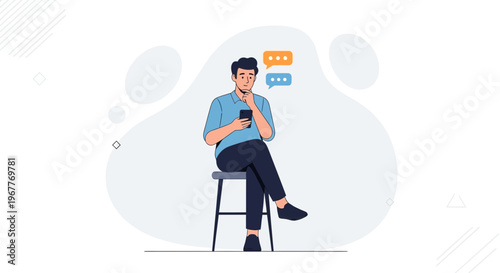Man Sitting on Chair Using Smartphone with Chat Bubbles Above