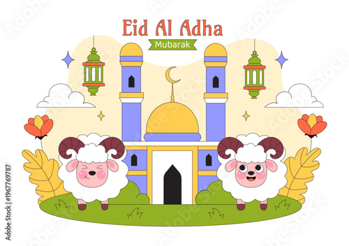Eid Al Adha Vector Illustration Featuring Muslim Children, Mosque Background, Sheep Sacrifice Symbol, and Islamic Holiday Celebration Design