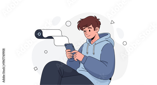 Young man using smartphone, receiving messages, modern communication concept