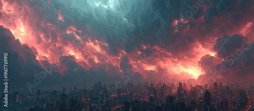 A cityscape viewed from below as a fiery storm rages in the heavens above