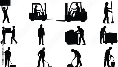 silhouette, workers, warehouse, forklift, cleaning, delivery, boxes, logistics, loading, transport, labor, equipment, industry, service, manual, job, activity, moving, people, working