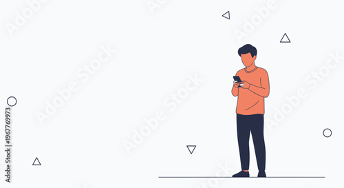 Man using smartphone, surrounded by abstract geometric shapes, minimalist illustration