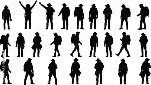 Hiker silhouette vector illustration, black and white traveler clipart, backpack poses and gestures, outdoor motion design, outlined, dynamic, bold, graphic