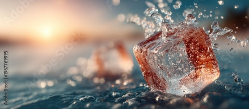 Ice cubes with water splash and a sunrise background