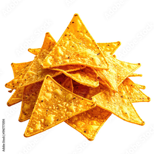 Golden yellow tortilla chips arranged in a pile on black background studio shot of crunchy snack tasty appetizer top view