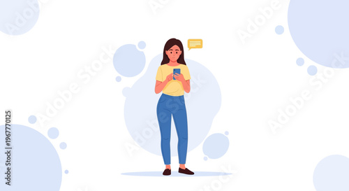Young Woman Texting on Smartphone with Chat Bubble Icon