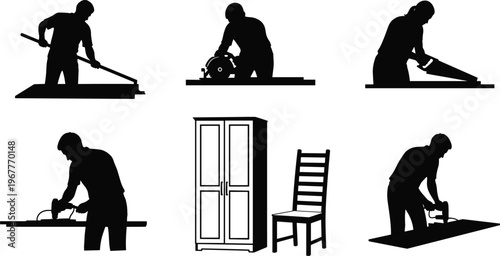 Silhouettes of carpenters working with tools and furniture items woodworking woman