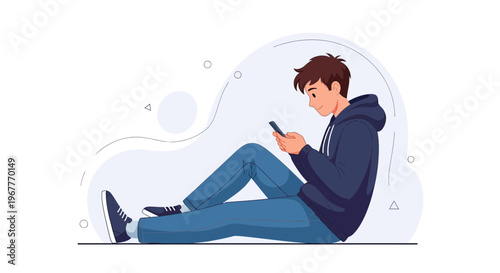 Young Man Sitting on Floor Using Smartphone, Casual Style, Modern Illustration