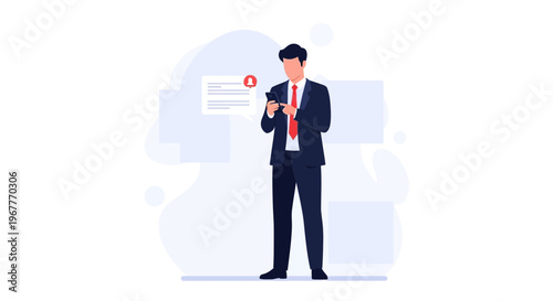 Businessman checking phone notification with alert icon on screen, modern flat design