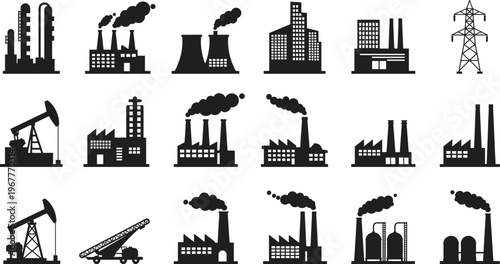 Industrial factory and energy plant icons, power station, pollution, refinery, silhouette vector set for engineering, infrastructure, environmental design