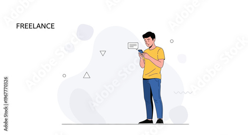 Freelance man using smartphone, modern illustration, communication concept
