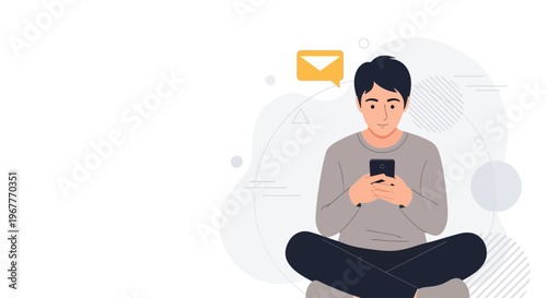 Young man sitting cross-legged, using smartphone, with email notification icon