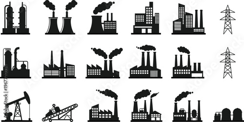Industrial factory vector icons, energy plant, oil refinery, smoke stack, power station, pollution, electricity symbol, black silhouette set