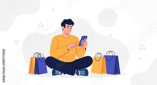 Man with smartphone and shopping bags, online shopping concept