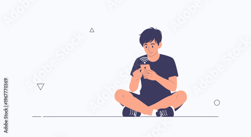 Young man sitting cross-legged, using smartphone with Wi-Fi signal icon