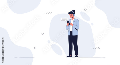 Person with headphones looking at smartphone, chat bubble, modern abstract background