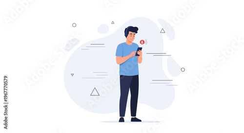 Man with headphones looking at smartphone with notification icon, modern flat design