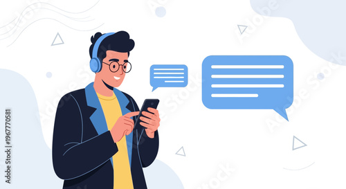 Man with headphones texting on smartphone with chat bubbles, online communication concept