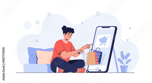 Online shopping concept: person using smartphone for e-commerce, shopping cart and bags