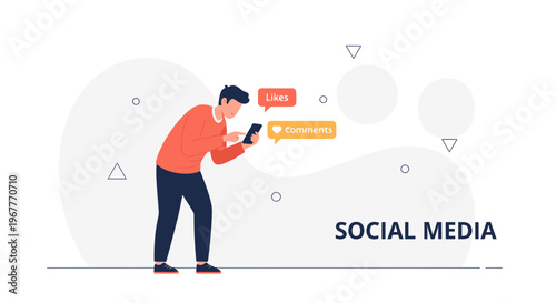 Man using smartphone for social media, likes and comments notifications, digital communication concept