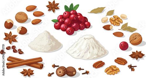 Baking Ingredients Vector Illustration Set Featuring Flour, Spices, Nuts, and Cranberries for Culinary, Food, and Graphic Design Projects