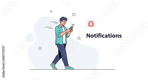 Man Walking with Smartphone, Receiving Notifications