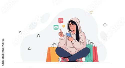 Young Woman Using Smartphone for Online Shopping with Social Media Notifications