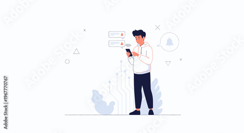 Young man using smartphone, receiving notifications and alerts, modern technology concept