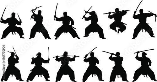 Martial arts sword silhouette set, black vector icons, katana fighting stances, isolated clipart for combat, discipline, training, samurai, motion, design