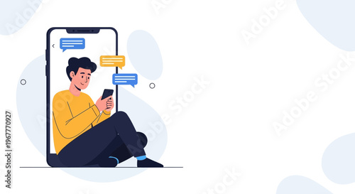 Man texting on smartphone, communication concept, chat bubbles, modern lifestyle, flat illustration