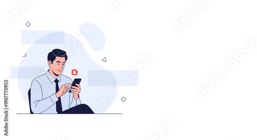 Man in suit checking smartphone with notification bell, modern illustration