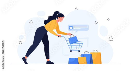 Woman Shopping Online, Adding Items to Cart, E-commerce Concept, Vector Illustration