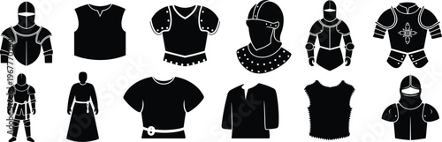 Medieval armor and clothing silhouette vector, black and white historical fashion clipart, protective wear design, outlined style, decorative, educational, bold