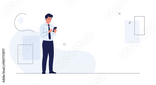 Man in Suit Using Smartphone on White Background with Abstract Shapes