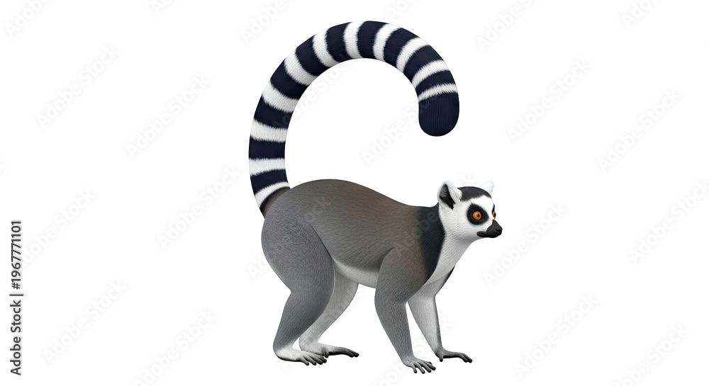 Fototapeta premium Ring-tailed Lemur with Striped Tail on White Background