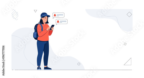 Young woman with backpack checking phone notifications, modern abstract background