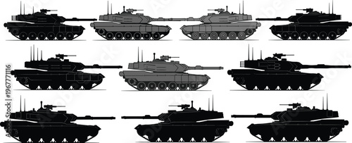 Military battle tanks vector illustration, modern armored warfare vehicles side view silhouettes, army combat machinery set, heavy weapon systems graphic, defense equipment design