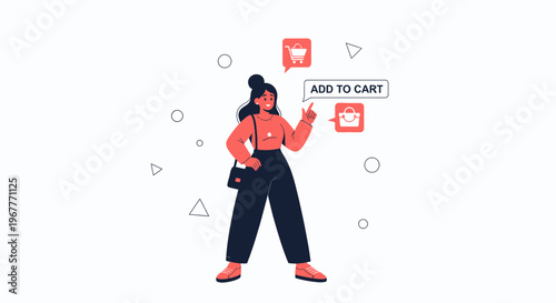 Woman Adding Product to Online Shopping Cart, E-commerce Concept