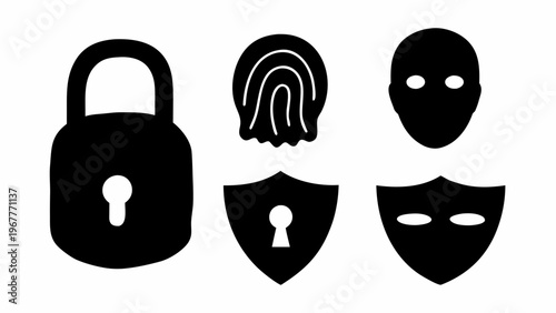 Cyber security icons set with padlock fingerprint ski mask shield and eye mask on white background for protection
