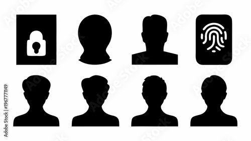 Black silhouette icons set for identity protection and privacy concepts with lock and fingerprint symbols