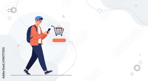Man with backpack using smartphone for online shopping with cart icon