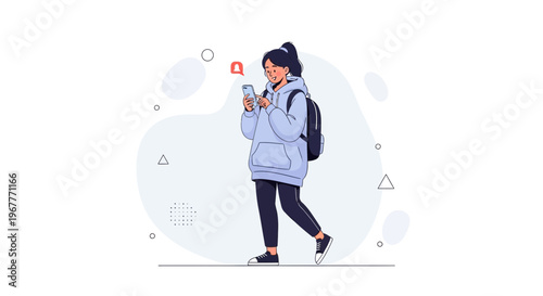 Young Woman with Backpack Using Smartphone with Notification Icon, Walking