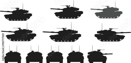 Military tank silhouette vector collection, various battle tank angles and views, black armored combat vehicle illustration set for war, defense, and warfare design