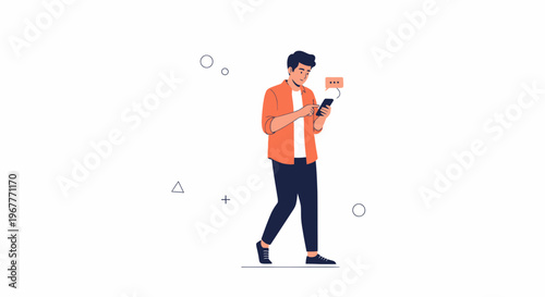 Young man texting on smartphone, walking with abstract shapes, modern illustration