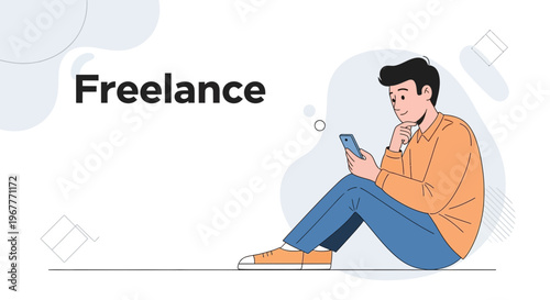Freelance man with phone, working remotely, thinking, modern illustration
