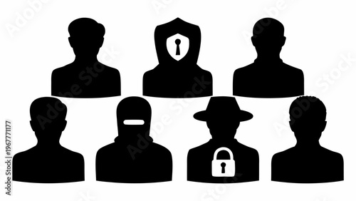Online privacy icons set with black silhouettes and security symbols for data protection and cybersecurity concepts
