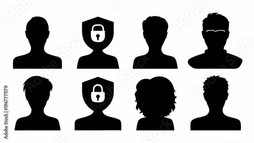 Online privacy icons set with black silhouettes and lock symbols for security concepts